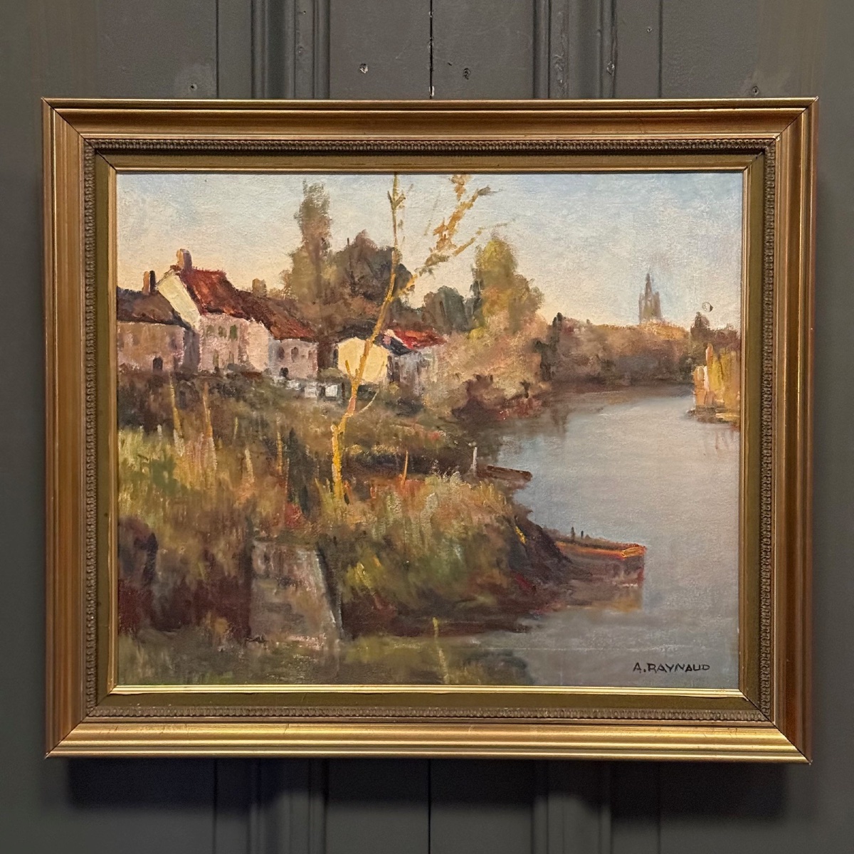 Huile sur toile par A. Raynaud la Charente à Lucerat près de Saintes XXe 