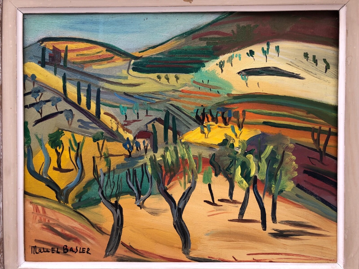 Marcel Basler, Oil On Canvas, Abstract Landscape, 1955, Whitewashed Frame, Signed -photo-2