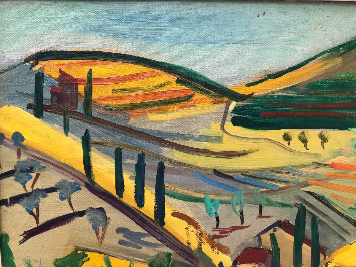 Marcel Basler, Oil On Canvas, Abstract Landscape, 1955, Whitewashed Frame, Signed -photo-1
