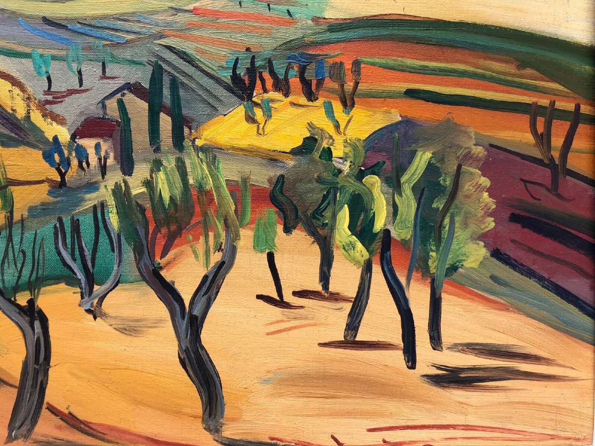 Marcel Basler, Oil On Canvas, Abstract Landscape, 1955, Whitewashed Frame, Signed -photo-3
