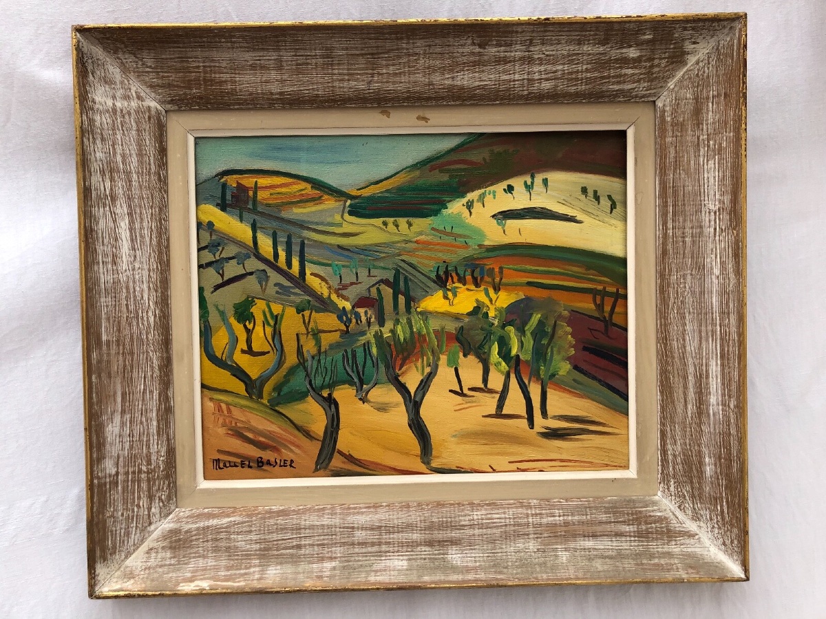 Marcel Basler, Oil On Canvas, Abstract Landscape, 1955, Whitewashed Frame, Signed -photo-7