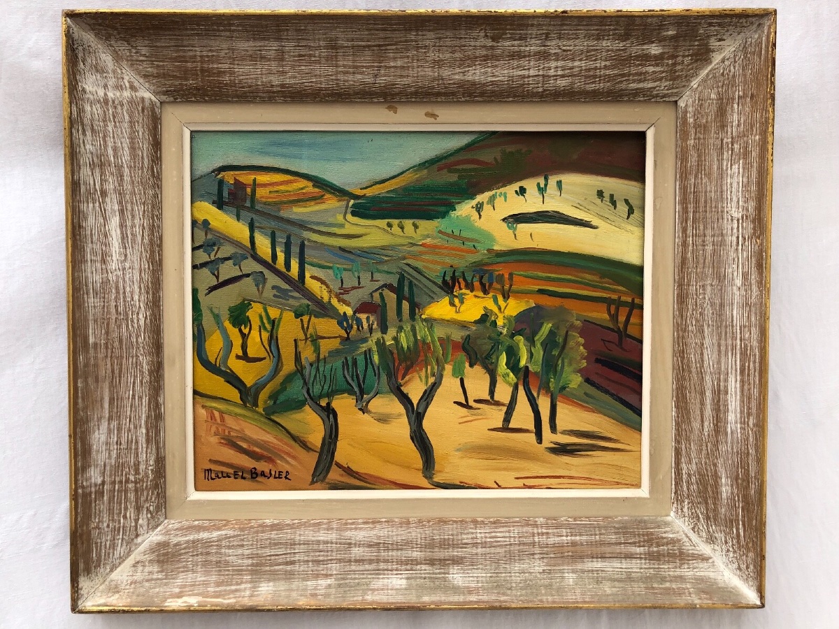 Marcel Basler, Oil On Canvas, Abstract Landscape, 1955, Whitewashed Frame, Signed 