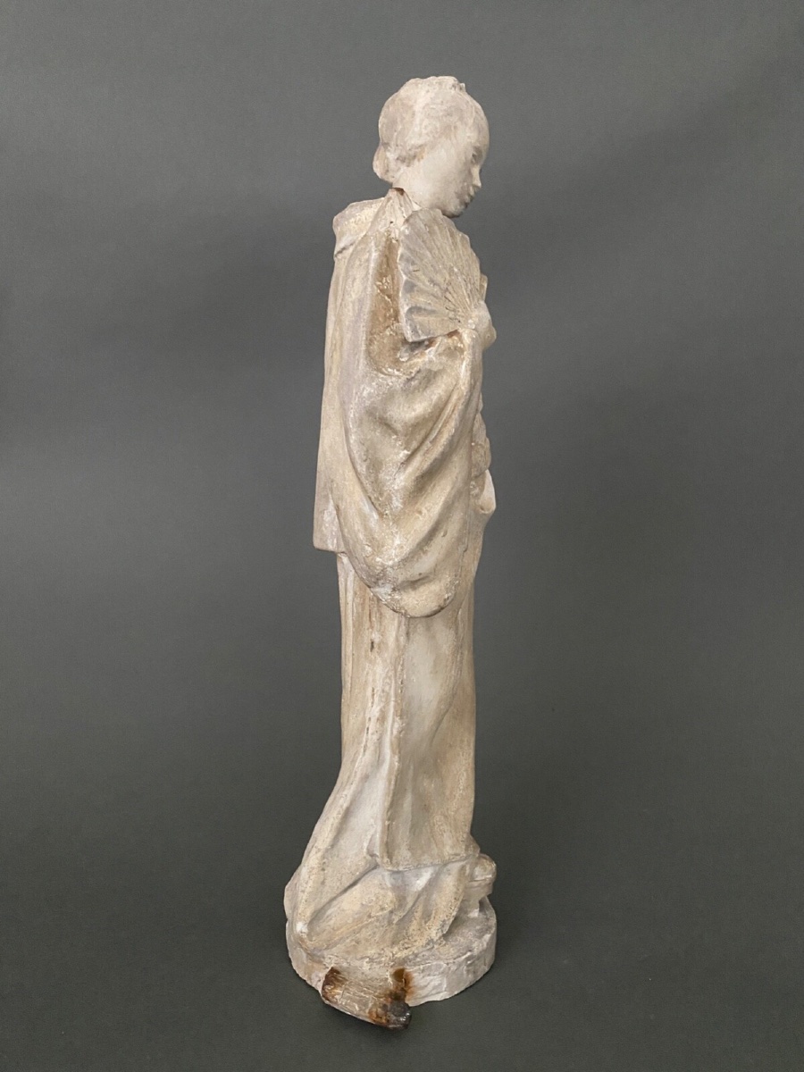 Studio Plaster Statue By Charles Filleul: Woman With A Fan, 20th Century -photo-3