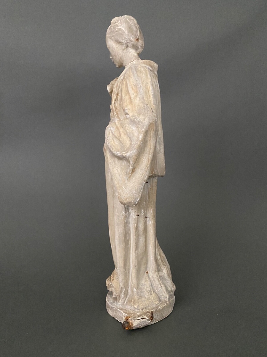 Studio Plaster Statue By Charles Filleul: Woman With A Fan, 20th Century -photo-1