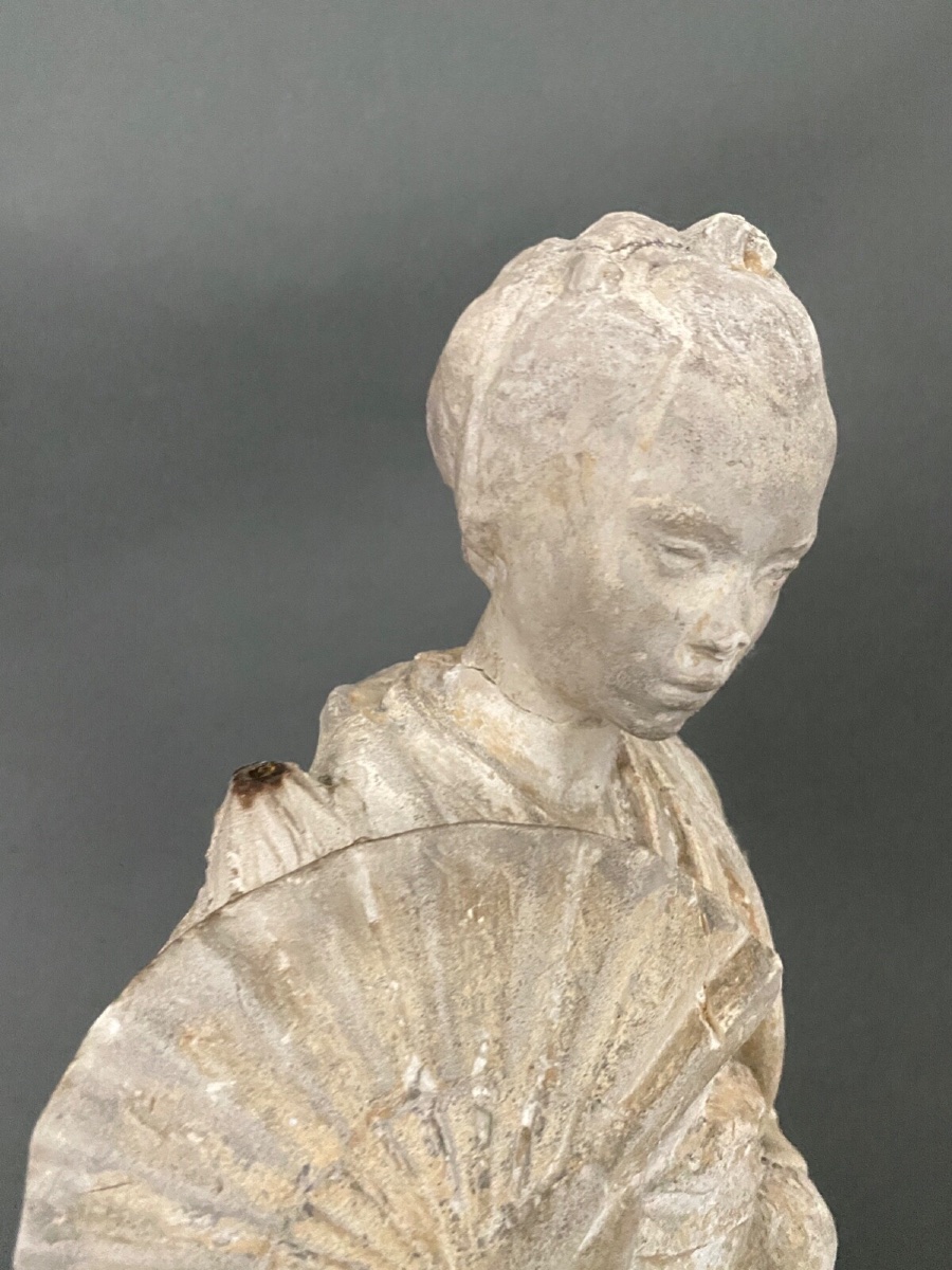 Studio Plaster Statue By Charles Filleul: Woman With A Fan, 20th Century -photo-2