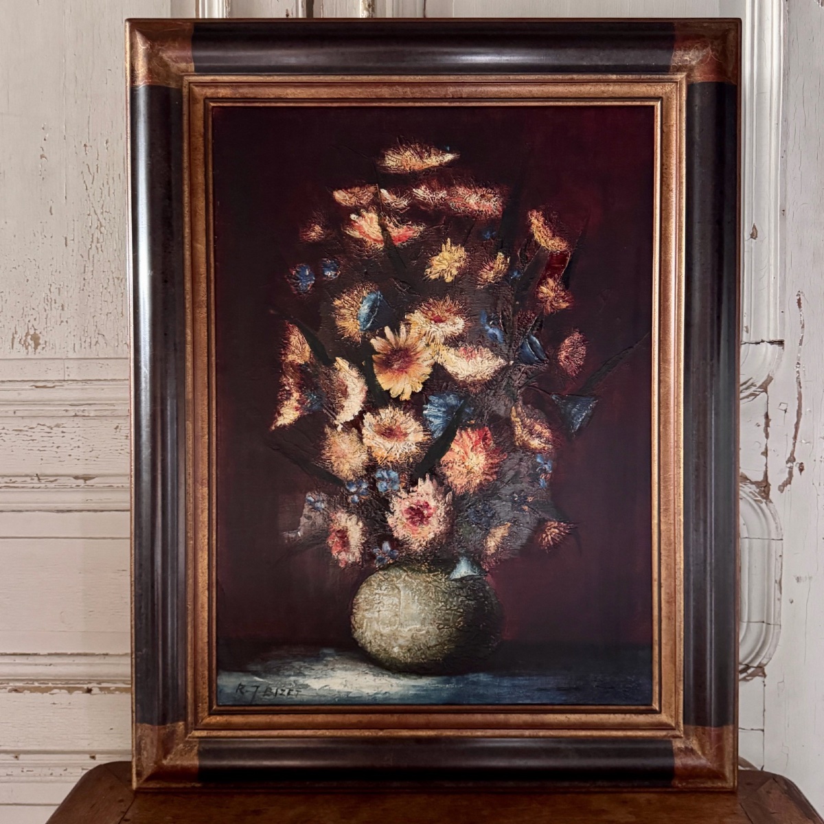Still Life With Flowers By Raymond-jean Bizet, 20th Century -photo-2