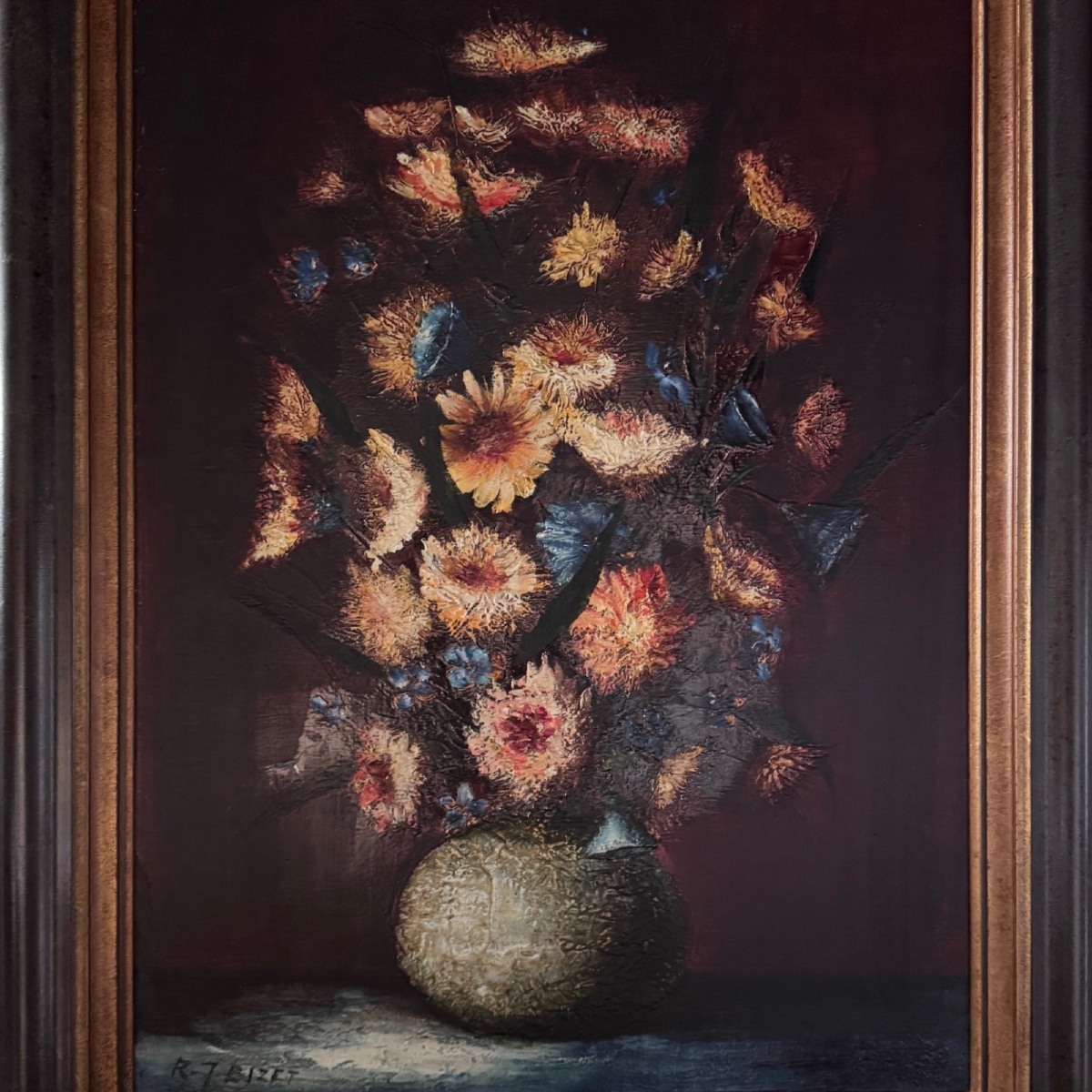 Still Life With Flowers By Raymond-jean Bizet, 20th Century -photo-3
