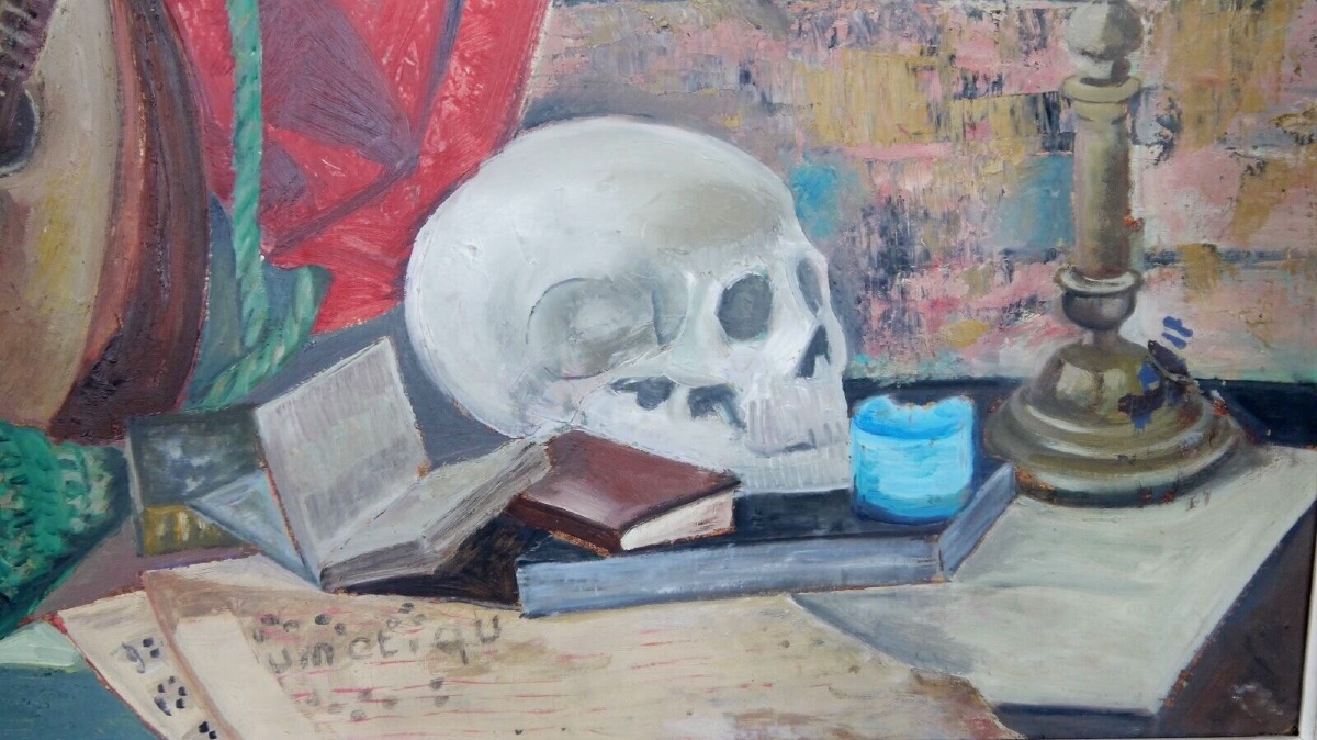 Huile sur carton nature morte à la mandoline avec crâne -photo-4