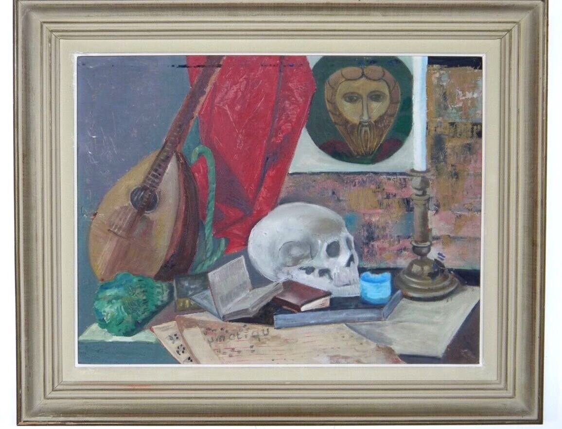 Huile sur carton nature morte à la mandoline avec crâne 