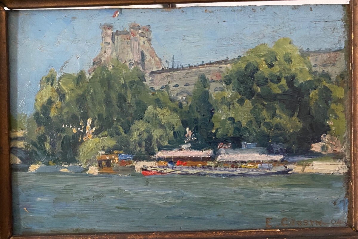 Huile sur bois par E. Cousin Paris les quais de la Seine 1904-photo-2