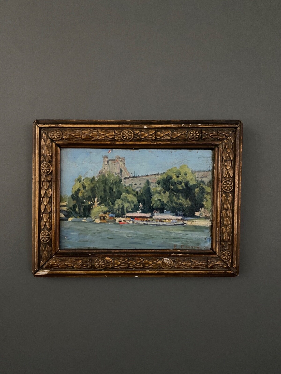 Huile sur bois par E. Cousin Paris les quais de la Seine 1904