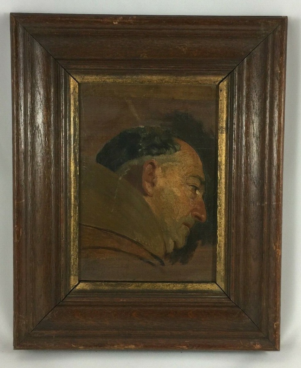 Huile sur panneau représentant un moine de profil cadre en bois naturel -photo-2