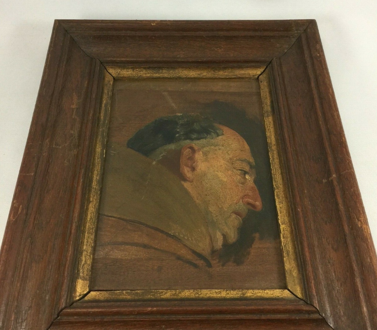 Huile sur panneau représentant un moine de profil cadre en bois naturel -photo-3