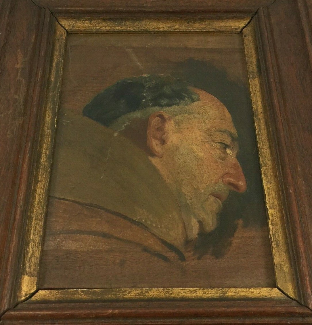 Huile sur panneau représentant un moine de profil cadre en bois naturel -photo-2