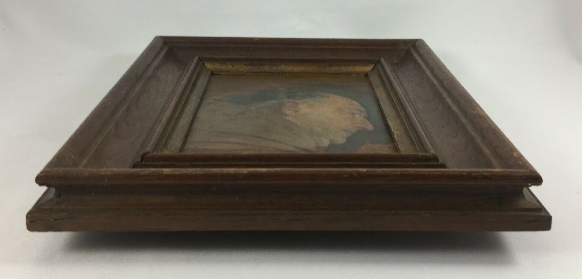 Huile sur panneau représentant un moine de profil cadre en bois naturel -photo-6