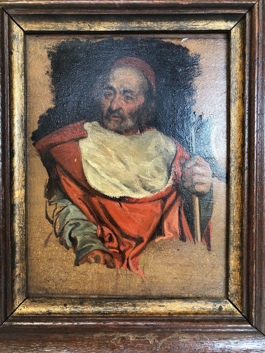 Huile sur panneau portrait de cardinal XIXe cadre en bois naturel -photo-2