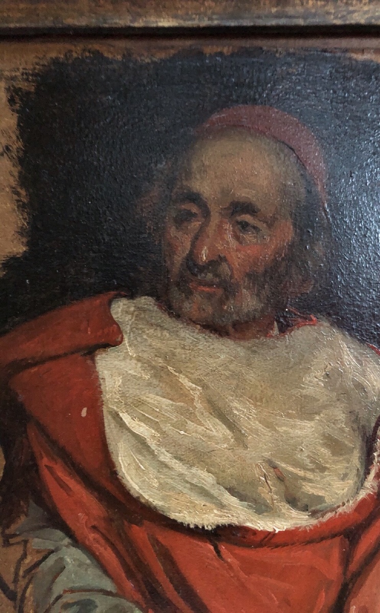 Huile sur panneau portrait de cardinal XIXe cadre en bois naturel -photo-1