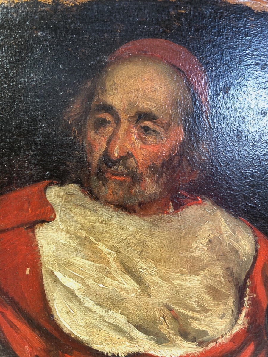 Huile sur panneau portrait de cardinal XIXe cadre en bois naturel -photo-2