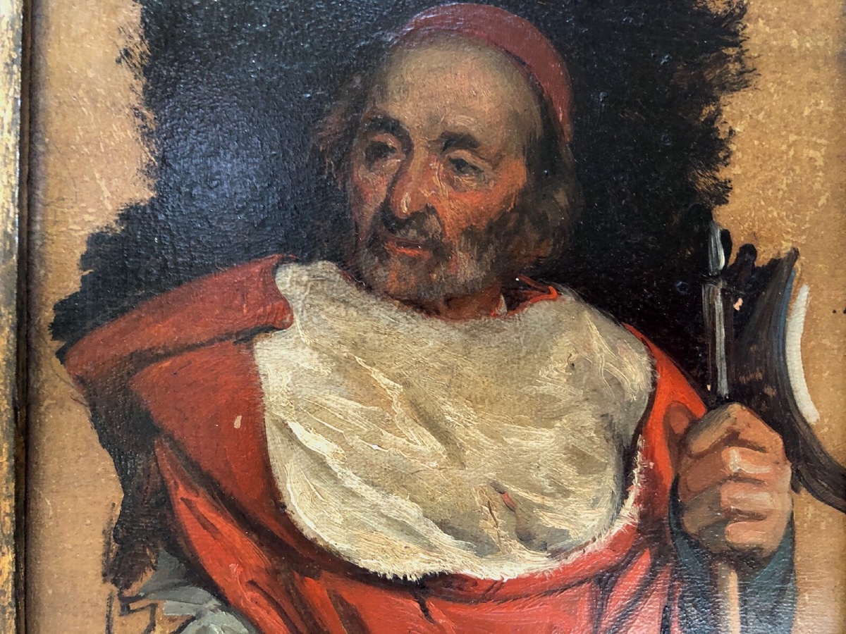 Huile sur panneau portrait de cardinal XIXe cadre en bois naturel -photo-3