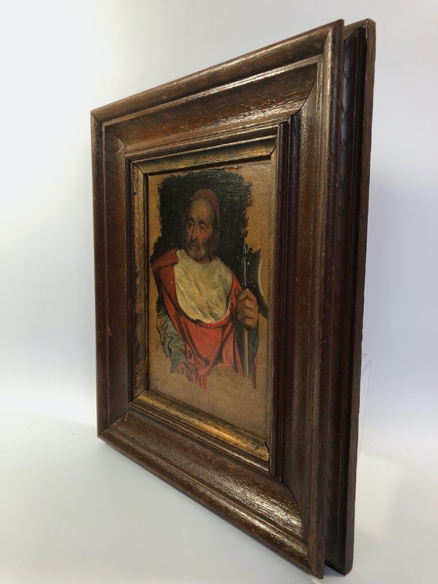 Huile sur panneau portrait de cardinal XIXe cadre en bois naturel -photo-5