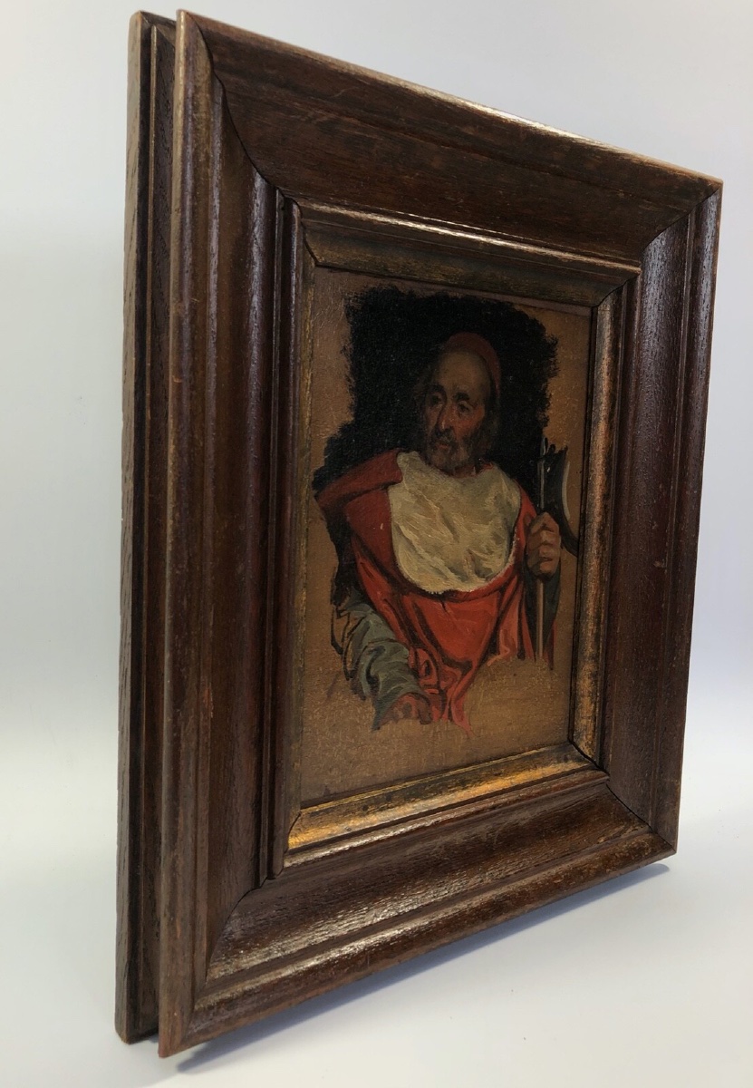 Huile sur panneau portrait de cardinal XIXe cadre en bois naturel -photo-6