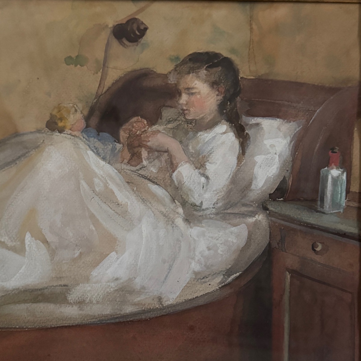 Watercolor On Paper Depicting A Young Girl Lying On A Bed, Late 19th Century-photo-2