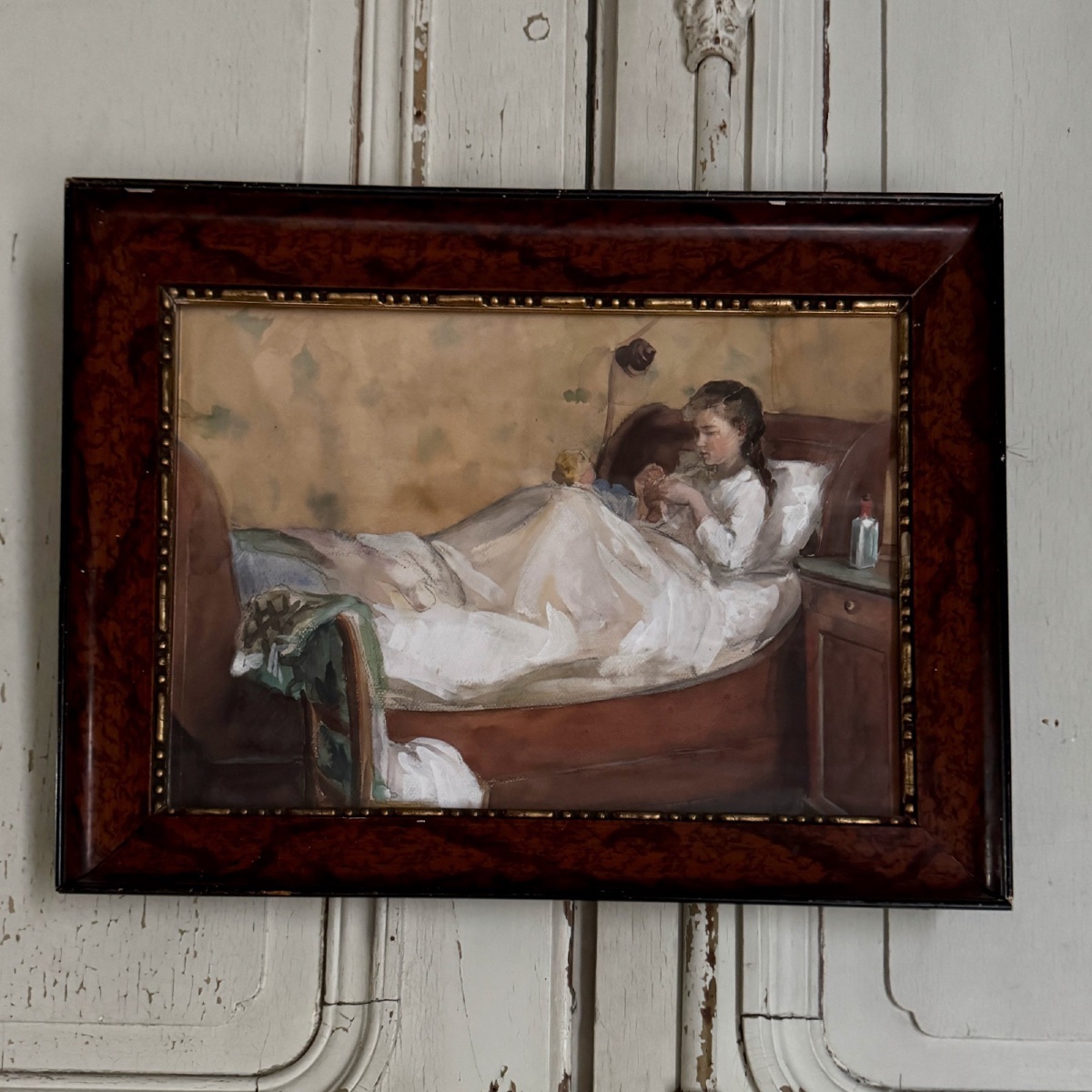 Watercolor On Paper Depicting A Young Girl Lying On A Bed, Late 19th Century-photo-4