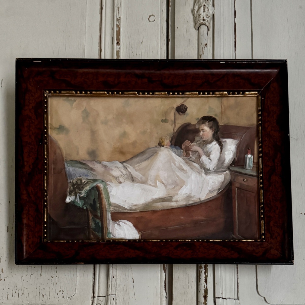 Watercolor On Paper Depicting A Young Girl Lying On A Bed, Late 19th Century