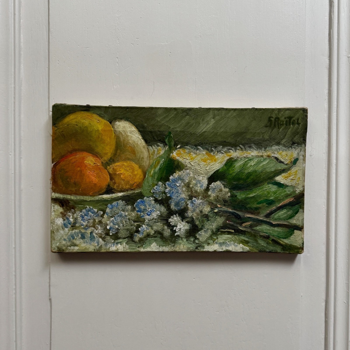 Oil On Canvas Still Life Featuring Fruit And Flowers By S. Raitel