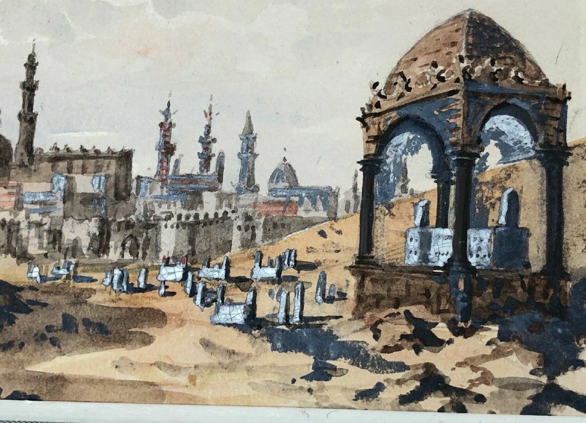 Aquarelle paysage exotique La Vallée des Califes aperçu du Caire -photo-4