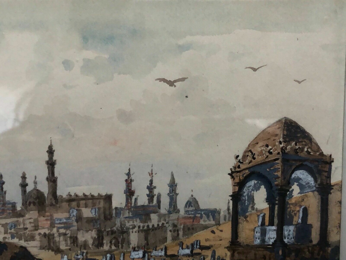 Aquarelle paysage exotique La Vallée des Califes aperçu du Caire -photo-2