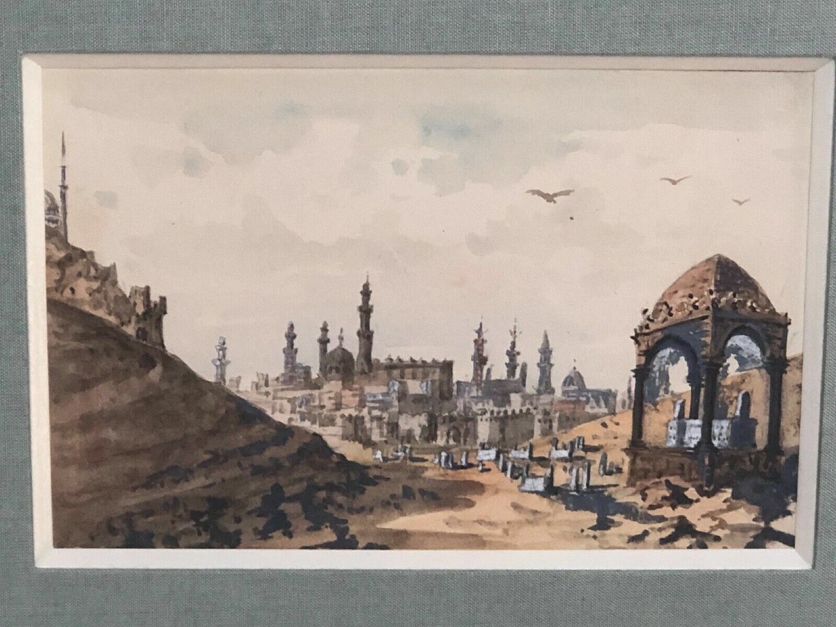 Aquarelle paysage exotique La Vallée des Califes aperçu du Caire -photo-3