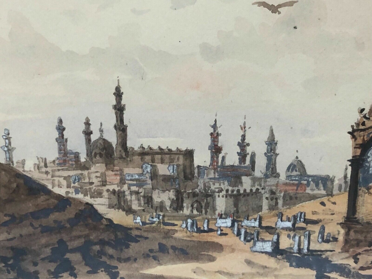 Aquarelle paysage exotique La Vallée des Califes aperçu du Caire -photo-4