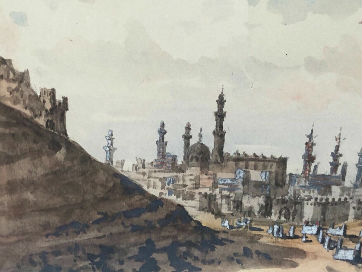 Aquarelle paysage exotique La Vallée des Califes aperçu du Caire -photo-5