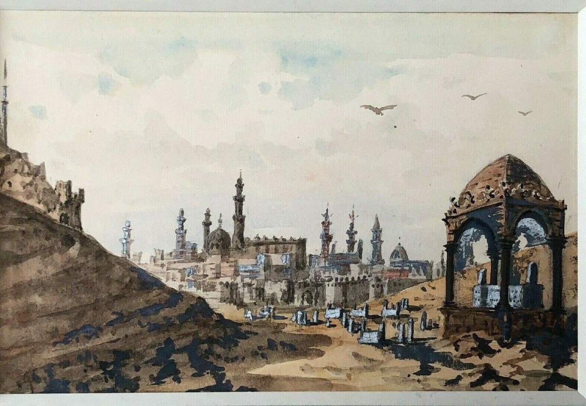 Aquarelle paysage exotique La Vallée des Califes aperçu du Caire 