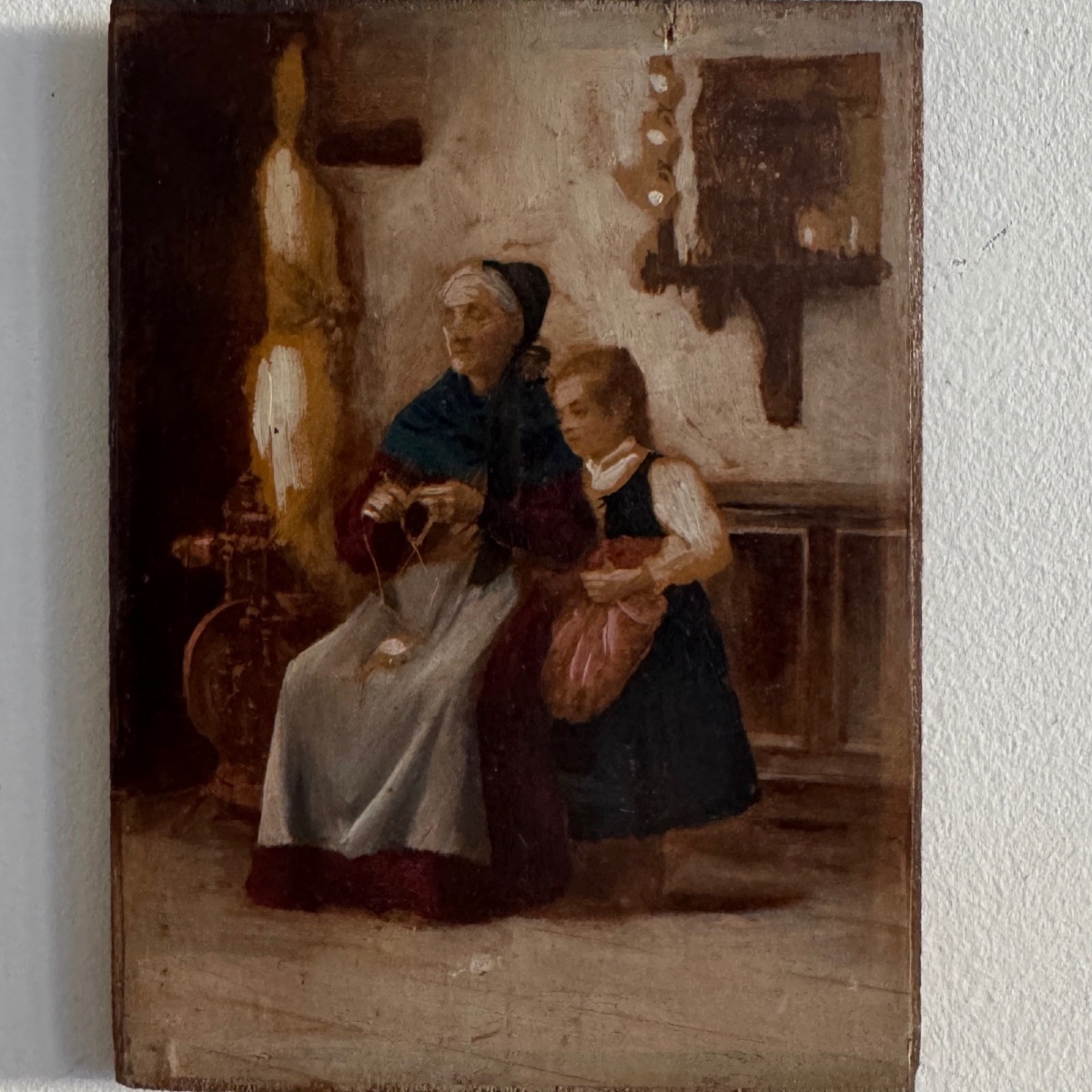 Huile sur panneau rehaussée scène d'intérieur bretonne -photo-3
