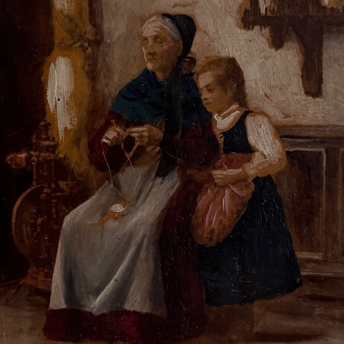Huile sur panneau rehaussée scène d'intérieur bretonne -photo-4