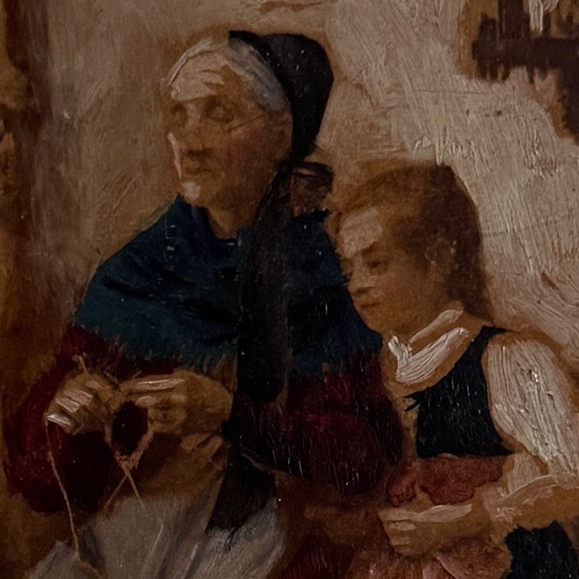 Huile sur panneau rehaussée scène d'intérieur bretonne -photo-1