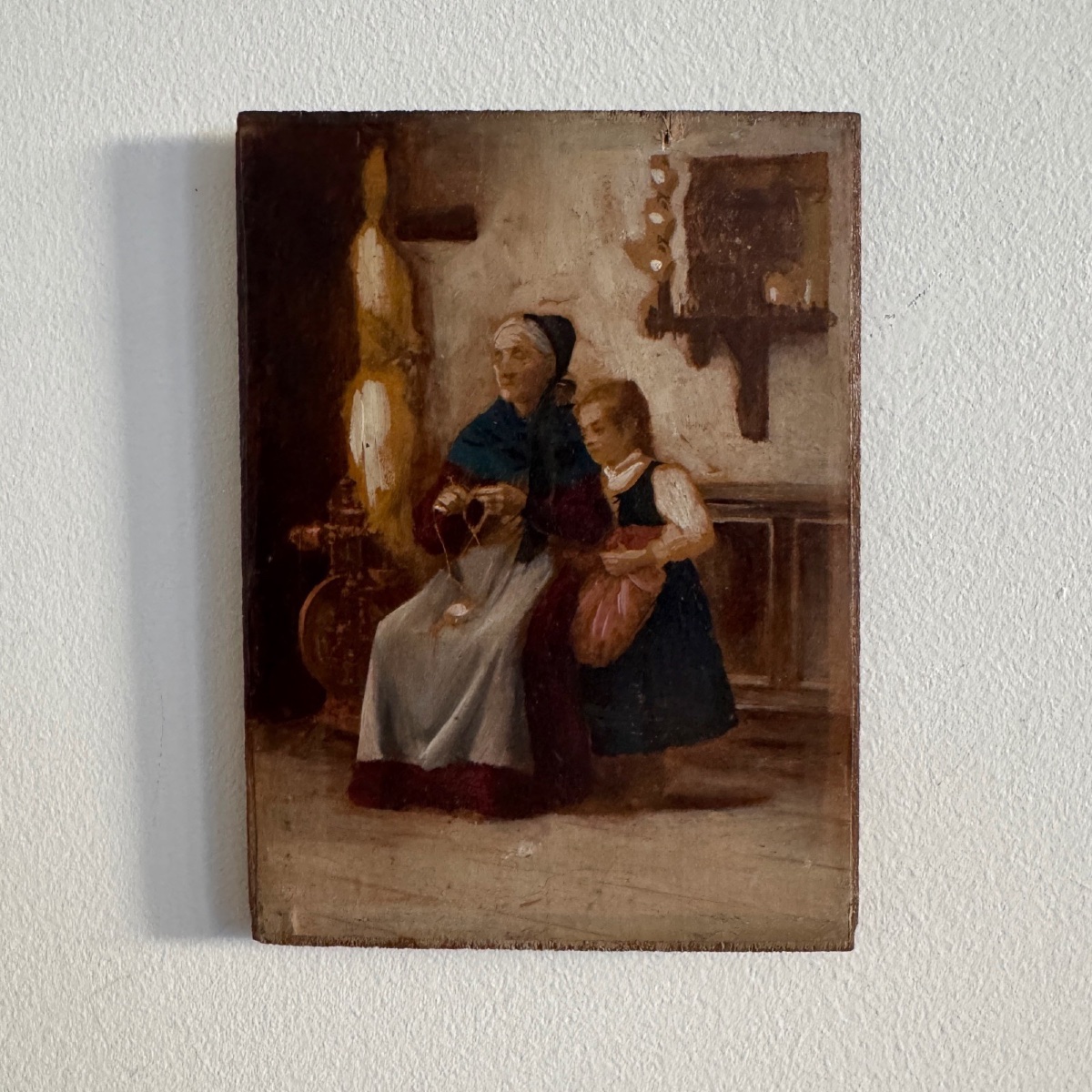 Huile sur panneau rehaussée scène d'intérieur bretonne 