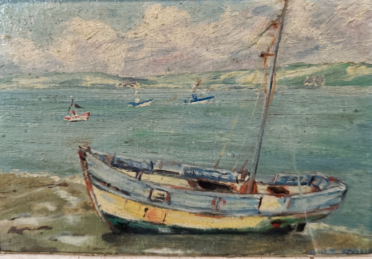Huile sur panneau par Le Brun marine milieu XXe cadre cérusé-photo-2