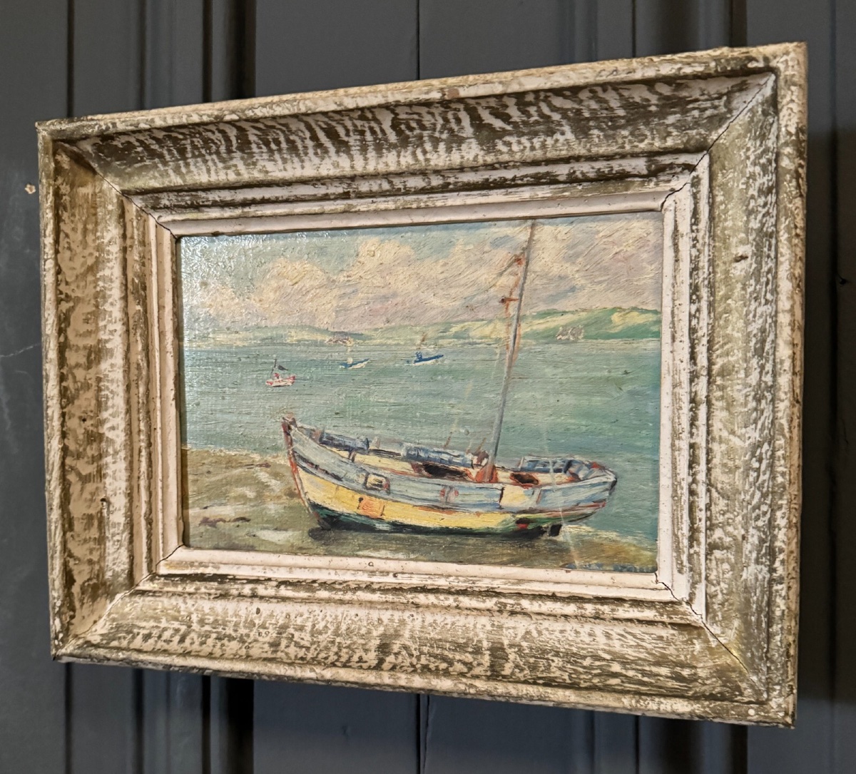 Huile sur panneau par Le Brun marine milieu XXe cadre cérusé-photo-1
