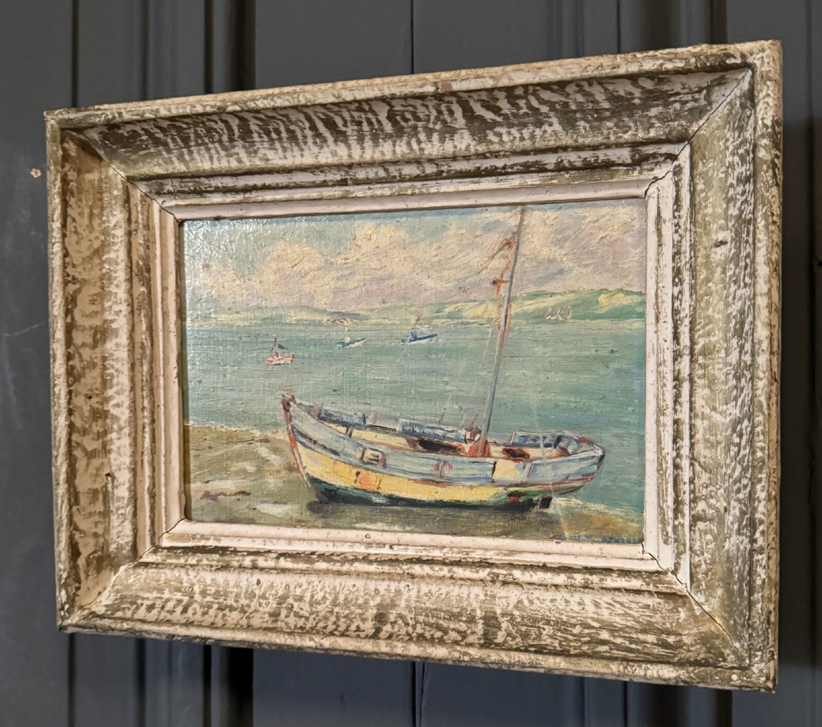 Huile sur panneau par Le Brun marine milieu XXe cadre cérusé-photo-2