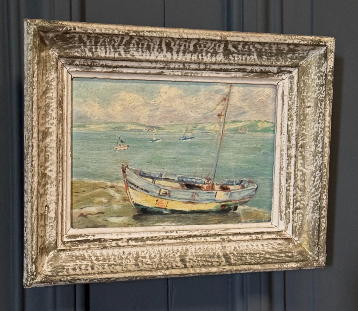 Huile sur panneau par Le Brun marine milieu XXe cadre cérusé-photo-3