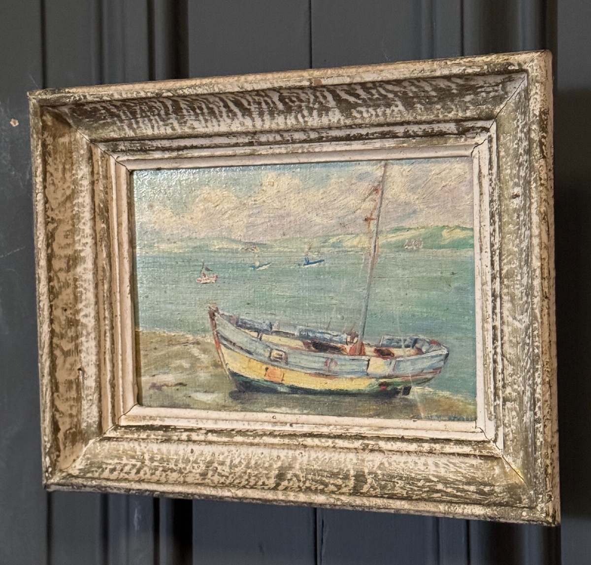 Huile sur panneau par Le Brun marine milieu XXe cadre cérusé-photo-4