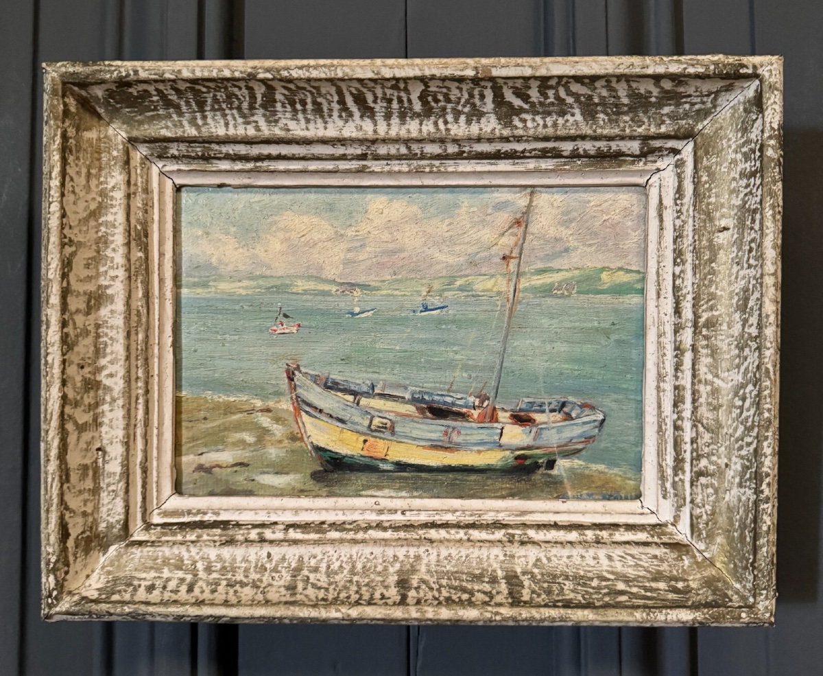 Huile sur panneau par Le Brun marine milieu XXe cadre cérusé