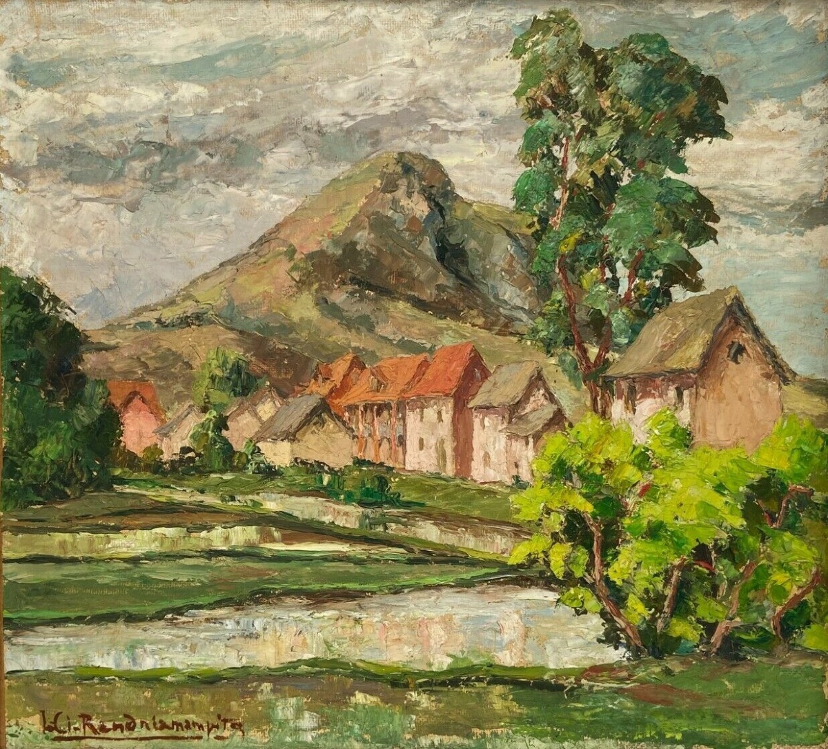 Oil On Cardboard By Jules Claude Randriamampita (1913–1968) Mountain, Painted With A Palette Knife-photo-2