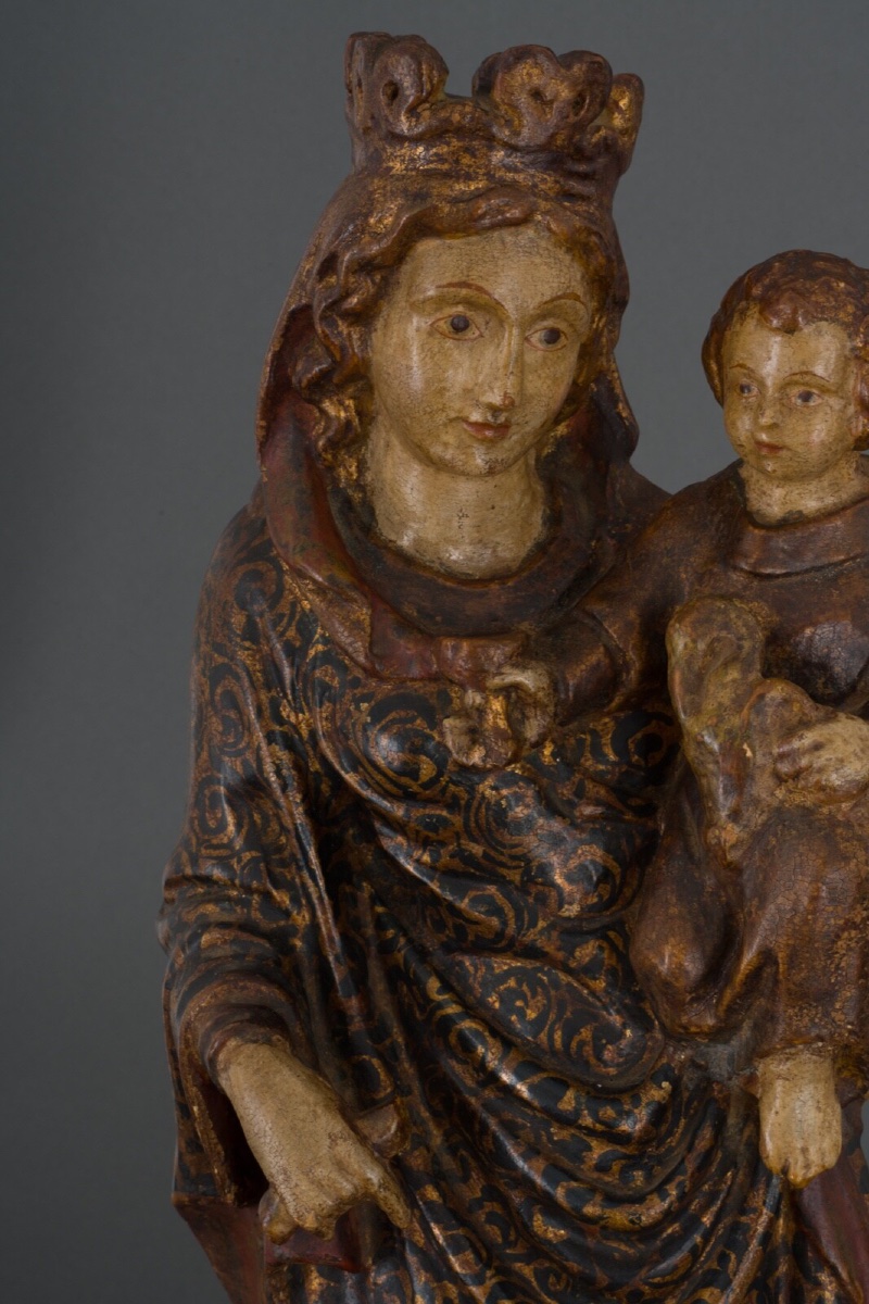 Vierge à l'Enfant en bois sculpté polychrome fin XVIIIe grande taille -photo-3