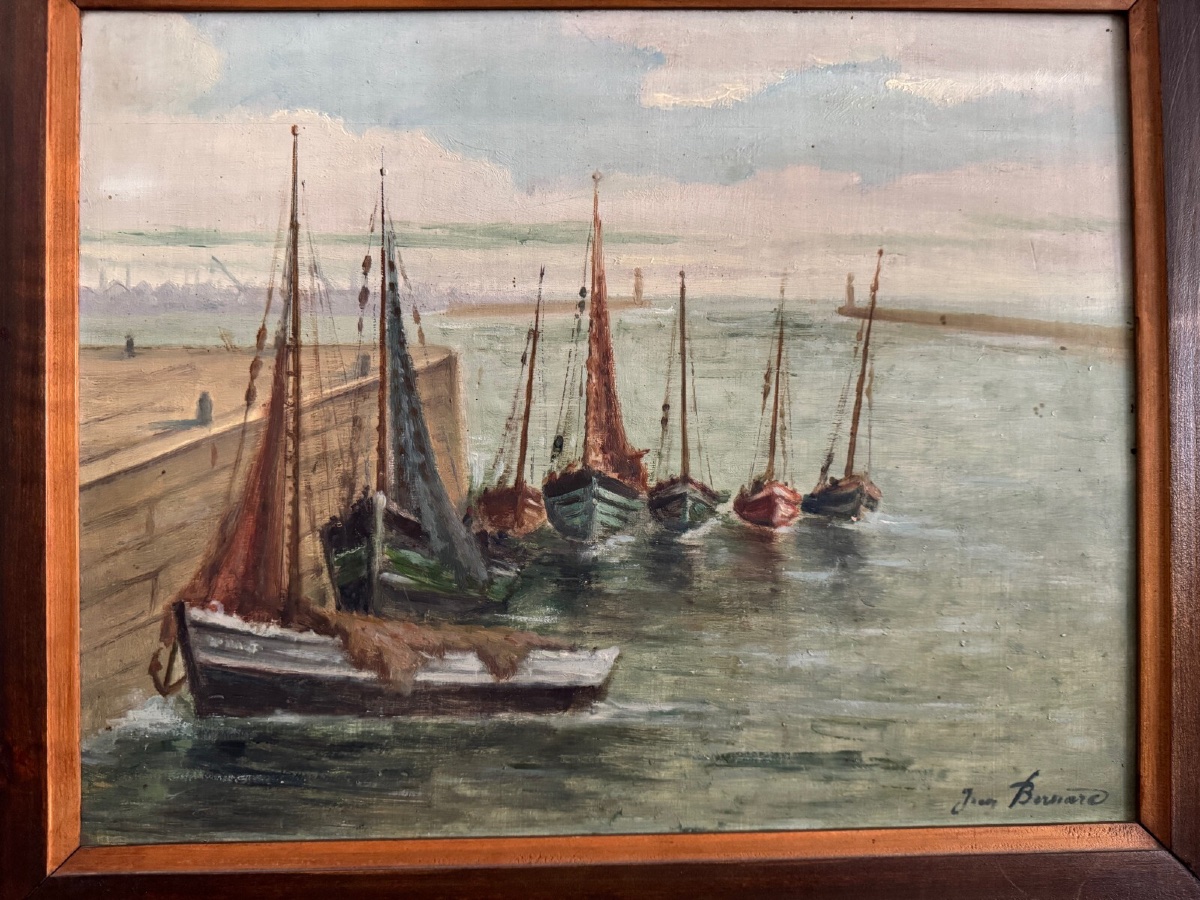 Huile sur panneau XXe bateaux de pêche par Jean Bernard Saint-Nazaire -photo-2