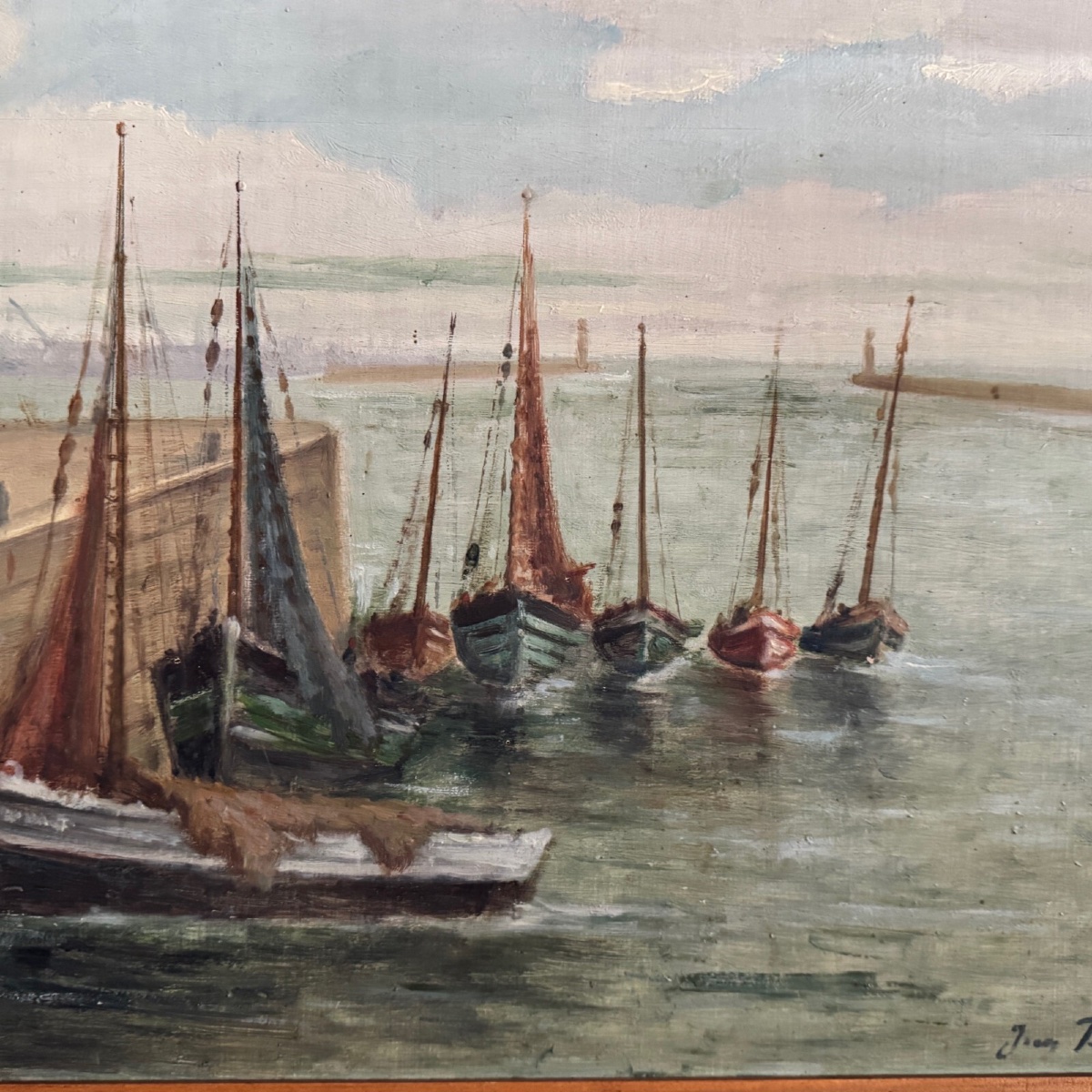 Huile sur panneau XXe bateaux de pêche par Jean Bernard Saint-Nazaire -photo-3
