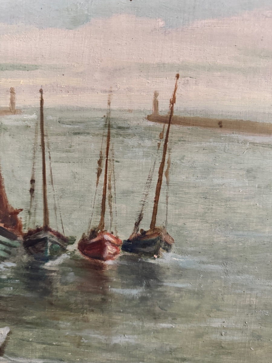 Huile sur panneau XXe bateaux de pêche par Jean Bernard Saint-Nazaire -photo-1
